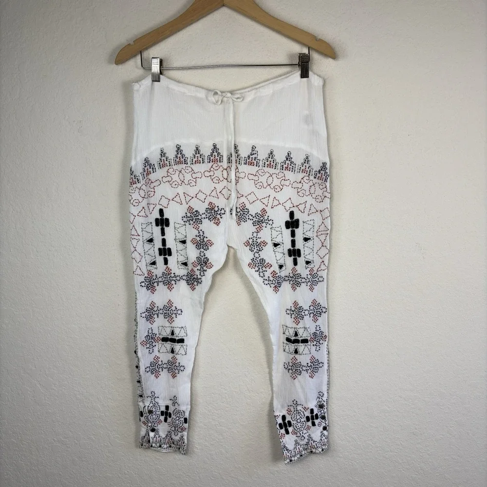 Y2k Free People M Harem Pants Jogger Drawstring Embroidered Gauze Southwestern